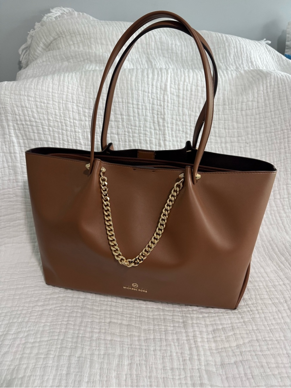 Michael Kors Zena Brown Leather Tote with Gold Chain Detail